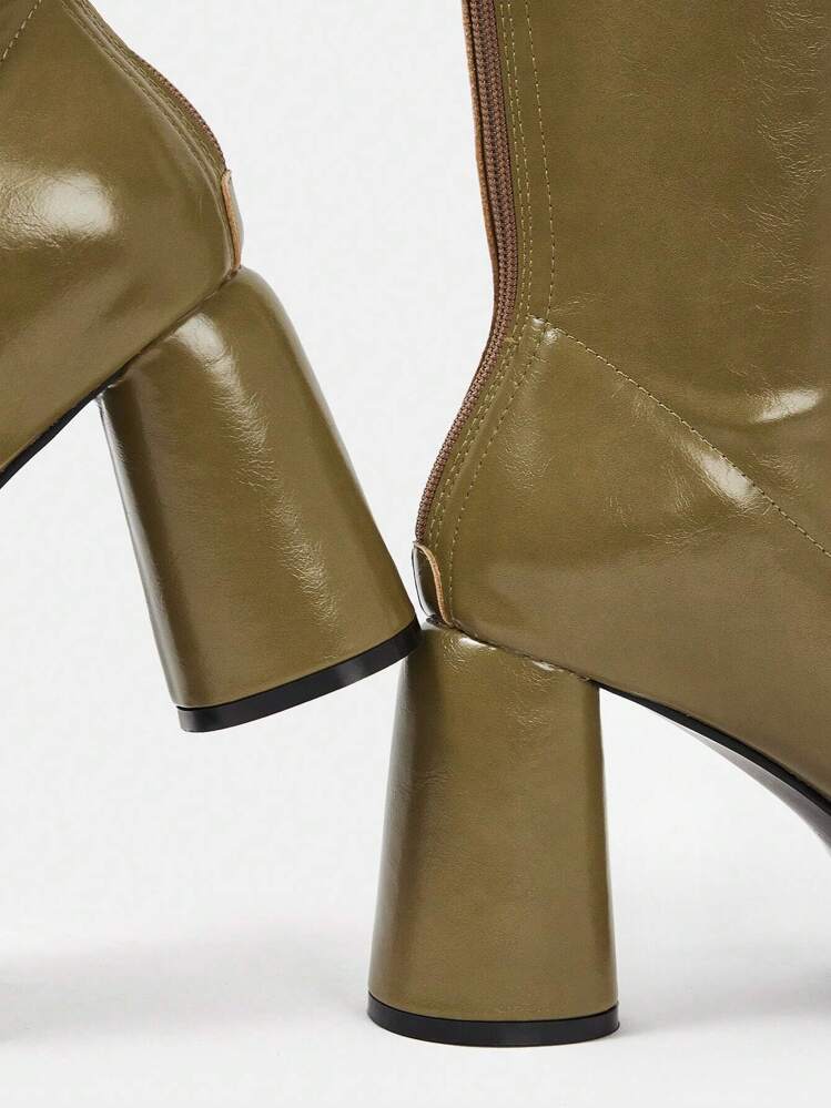 SheIn SXY נשים עיצוב פשוט עבה עקב מגפיים אופנתיות עם חלק אחורי רוכסן ו צבע אחיד - ירוק - ראה 6