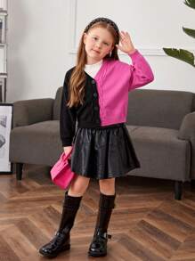 SHEIN 女小童1入組雙色麻花編織落肩袖開襟衫 - 彩色 - 查看 1