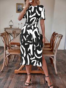 SHEIN Clasi Allover Print Knot Front Split Thigh Dress - Black and White - View 5