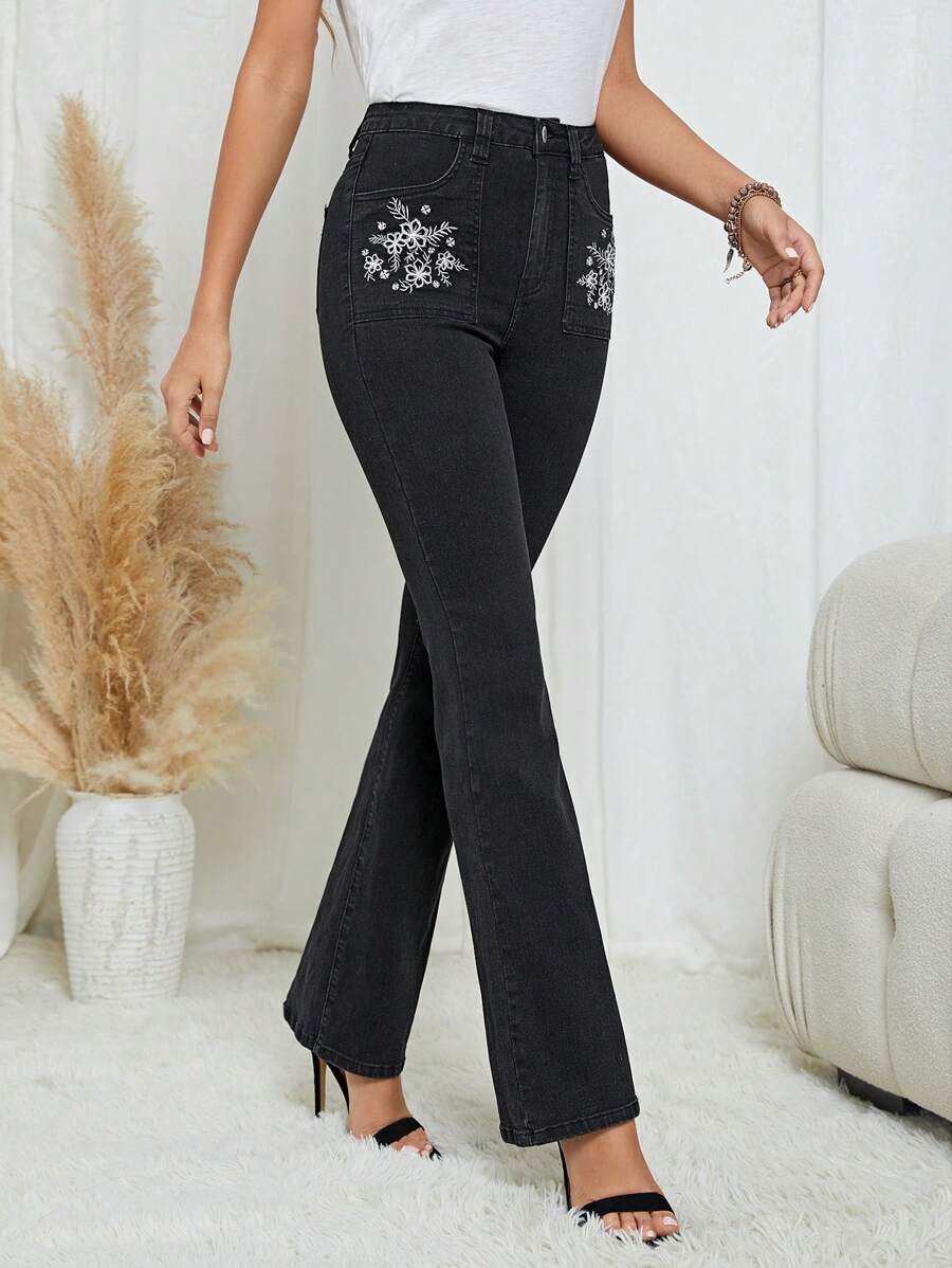 SHEIN Clasi Floral Embroidery Flare Leg Jeans
