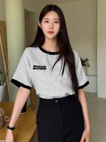 DAZY Patched Detail Contrast Binding Tee - Light Grey - View 8