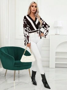 Aveloria Leaf Print Knot Side Wrap Blouse