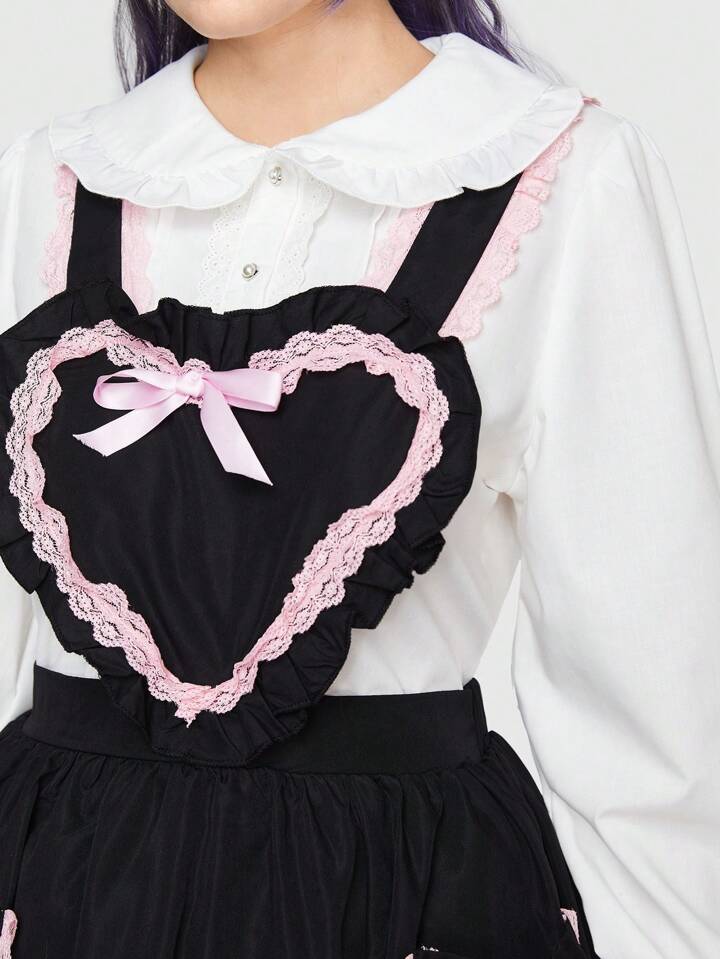 Our Kawaii Heart Pattern Contrast Lace Overall Dress Without Blouse is such  a vibe - ROMWE