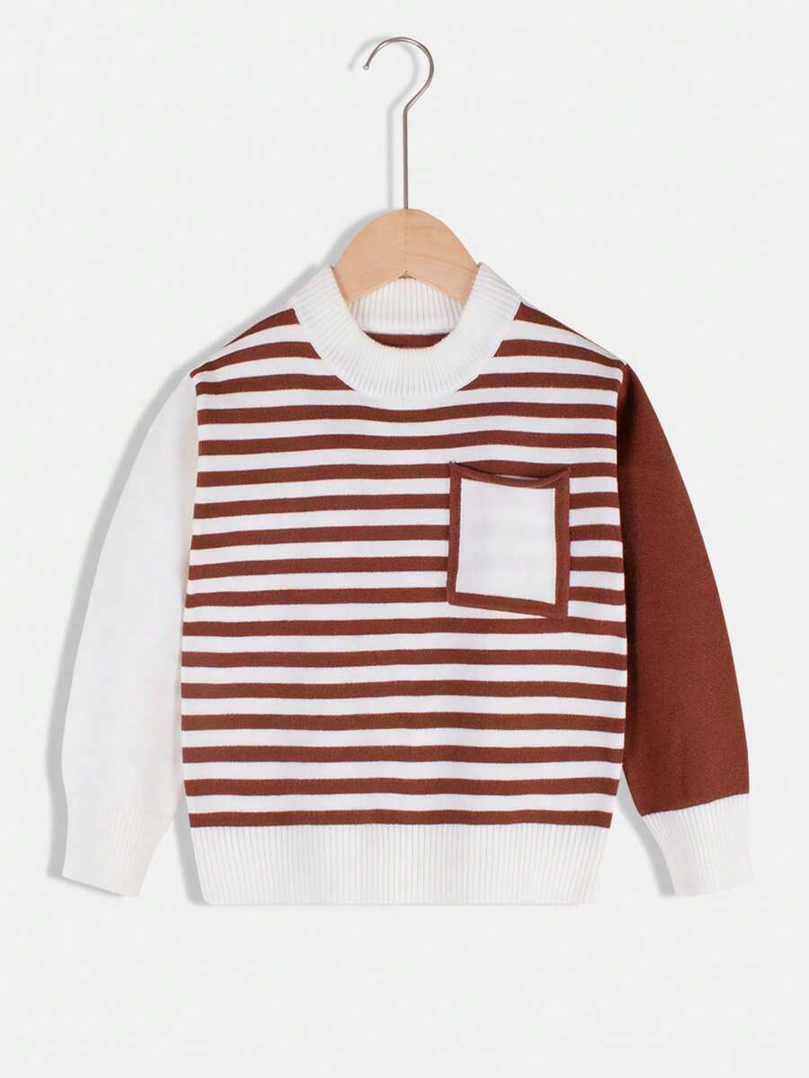 Young Boy Striped Pattern Pocket Patched Sweater