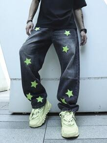Manfinity EMRG Men Star Patched Straight Leg Jeans