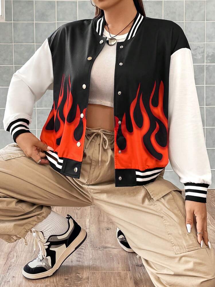 Flirla 大碼火圖案條紋飾邊落肩袖學院風夾克 - 彩色 - 查看 5