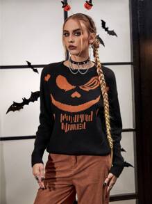 PUNK 万圣节图案落肩针织套头衫秋冬毛衣 - 黑色 - 查看 6