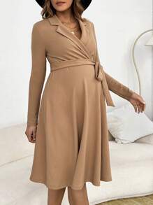 SHEIN Thai sản Cổ áo Nút ven Đầm - Màu Khaki - Xem 5