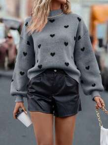 SHEIN LUNE Heart Pattern Mock Neck Drop Shoulder Sweater,Long Sleeve Tops