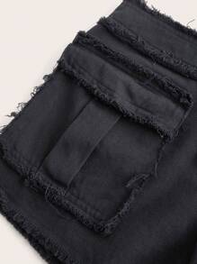 SHEIN ICON Zip Fly Flap Pocket Raw Trim Shorts - Black - View 5