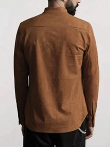 Manfinity Hypemode Loose Fit Men's Faux Suede Shacket With Fringe Trim And Button Closure - Brown - View 2