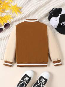 Boys Letter Patched Striped Trim Colorblock Varsity Jacket - Yellow - View 2