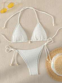 SHEIN Swim 夏季海灘露脐三角束頸綁帶比基尼套裝 - 白色 - 查看 1