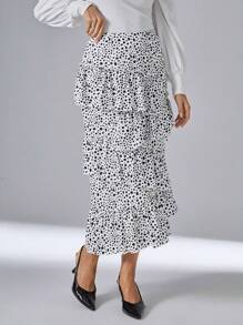 SHEIN Privé In ấn Nhiều lớp Viền Ruffle Váy - Đen và trắng - Xem 6