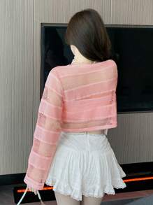DAZY Solid Open Knit Crop Jacket Sheer - Pink - View 6