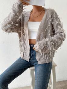 SHEIN LUNE Fringe Trim Drop Shoulder Duster Cardigan - Khaki - View 4