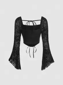 SHEIN MOD Contrast Bloemen Doorschijnend Buste met ruches Veters aan de voorkant Gesplitste mouw Croptop