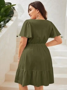 SHEIN VCAY Plus Butterfly Sleeve Ruffle Hem Knot Front Dress - Army Green - View 2