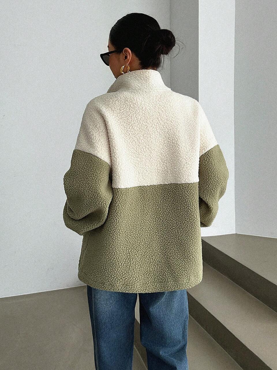 Two Tone Half Zip Drop Shoulder Teddy Coat Women Jacket,Fall Women Clothes