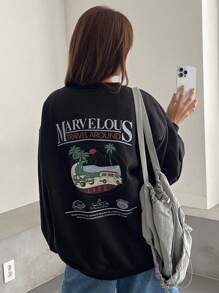 DAZY 標語和熱帶印花落肩袖套頭衫 - 黑色 - 查看 3