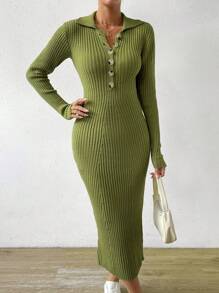 Chiquease Ladies áo len váy Gân đan Nút phía trước màu trơn Thanh lịch - màu xanh lá - Xem 6