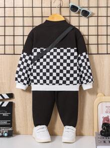 SHEIN Baby Girl 3Pcs/Set Casual Plaid Patchwork Coat, Long Pants And Bag Set - Black and White - View 3