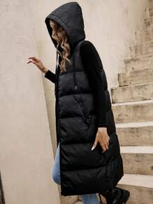 SHEIN Frenchy Solid Hooded Quilted Padded Warm Vest Coat - Black - View 2