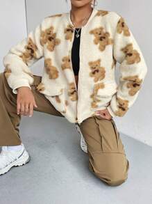 Flirla Bear Pattern Flap Pocket Teddy Bomber Jacket Fall Cloth For Women - White - View 3