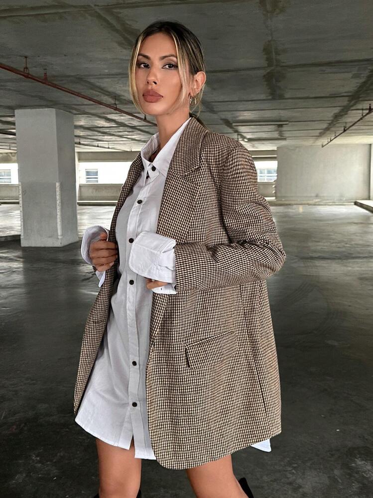 Siren Gaze Damen-Blazer mit Reverskragen und Hahnentrittmuster in Braun, Herbst/Winter, lässig kariert - Braun - Übersicht 5