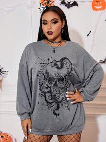 SHEIN EZwear Hơn In Đầu lâu Thả vai Áo nỉ - Màu Xám nhạt - Xem 5