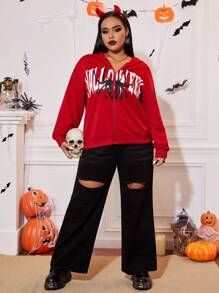 SHEIN EZwear Plus Letter Graphic Drop Shoulder Zip Up Hoodie - Red - View 4