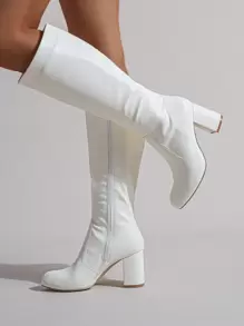 Botas altas de mujer de moda, botas largas casuales, zapatos de tacón grueso estilo británico, otoño/invierno - Blanco - Ver 1