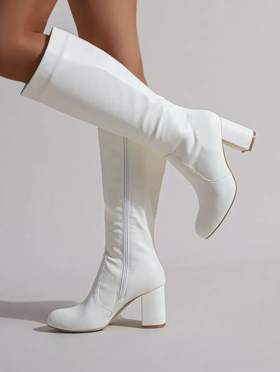 Botas altas de mujer de moda, botas largas casuales, zapatos de tacón grueso estilo británico, otoño/invierno - Blanco - Ver 1