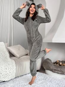Panda & Letter Embroidery 3D Ear Design Hooded Flannel Sleep Romper, For Fall Winter - Grey - View 5