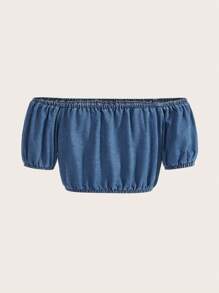 SHEIN MOD Off Shoulder Ống tay áo Tops Denim - Rửa trung bình - Xem 2