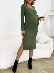 SHEIN Maternity Surplice Neck Knot Side Split Thigh Dress - Green - View 4