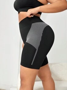 Yoga Basic Plus Striped Print Wideband Waist Sports Shorts - Black - View 2