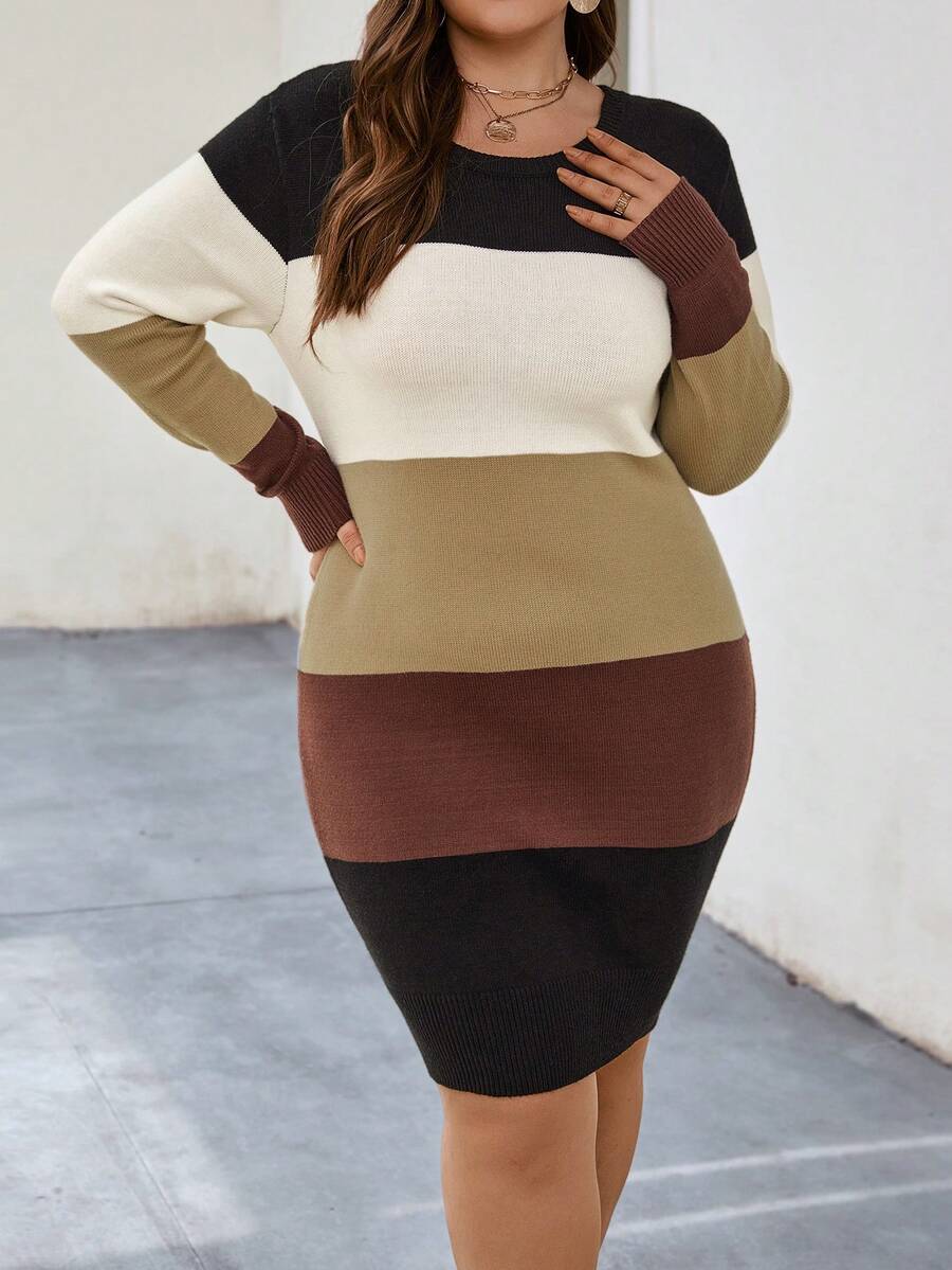 SHEIN LUNE Plus Color Block Sweater Dress - Multicolor - View 1