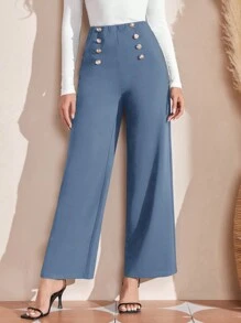 EMERY ROSE High Waist Button Detail Wide Leg Pants - Dusty Blue - View 1