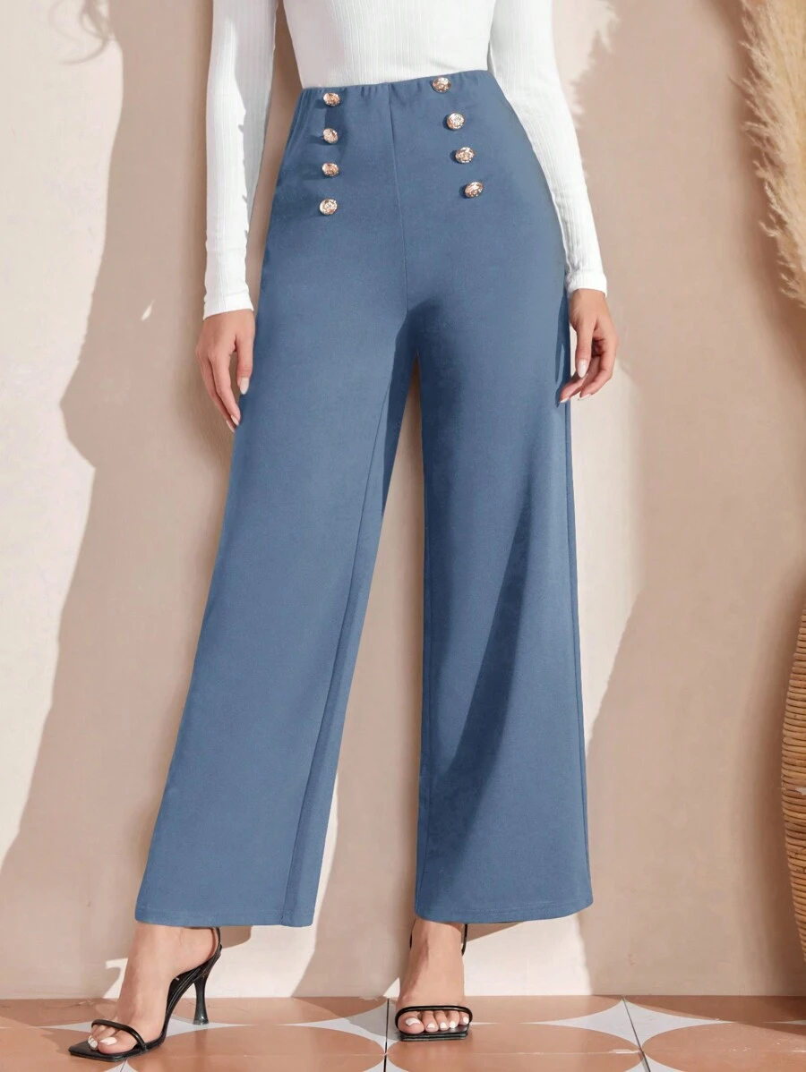 EMERY ROSE High Waist Button Detail Wide Leg Pants - Dusty Blue - View 1