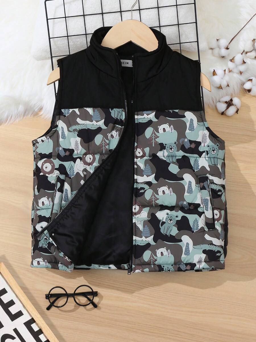 SHEIN 男童迷彩印花拉链背心夹棉外套（不含运动衫） - 彩色 - 查看 1