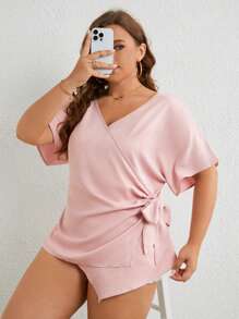 SHEIN Clasi 大碼蝙蝠袖側打結圍裹女士襯衫 - 淺粉色 - 查看 5