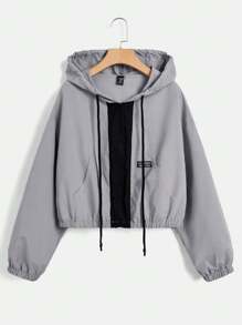 SHEIN EZwear 大碼字母補丁細節抽繩連帽夾克 - 淺灰色 - 查看 1