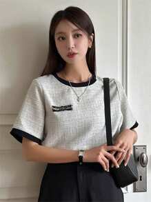 DAZY Patched Detail Contrast Binding Tee - Light Grey - View 2