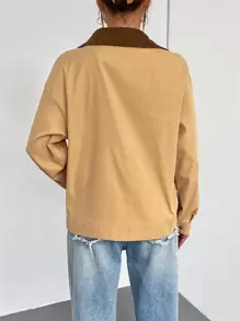 Flirla Letter Graphic Contrast Collar Drop Shoulder Zipper Front Coat Fall Cloth For Women - Khaki - View 2