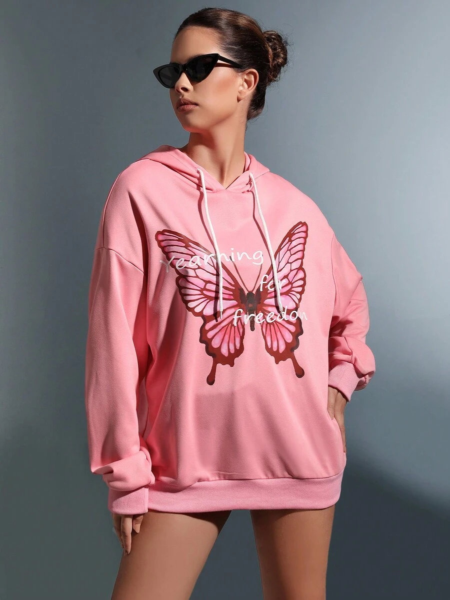 SHEIN Qutie Hình ảnh con bướm và khẩu hiệu Thả vai Dây rút Hoodie - Hồng - Xem 1