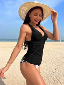 SHEIN Swim Summer Beach Tropical Print Ruched Halter Tankini - Black and White - View 3