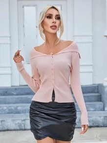 SHEIN Privé كارديجان طية مكشوف الكتف أزرار أمامية محبوك مضلع - وردي فاتح - مشاهدة 6