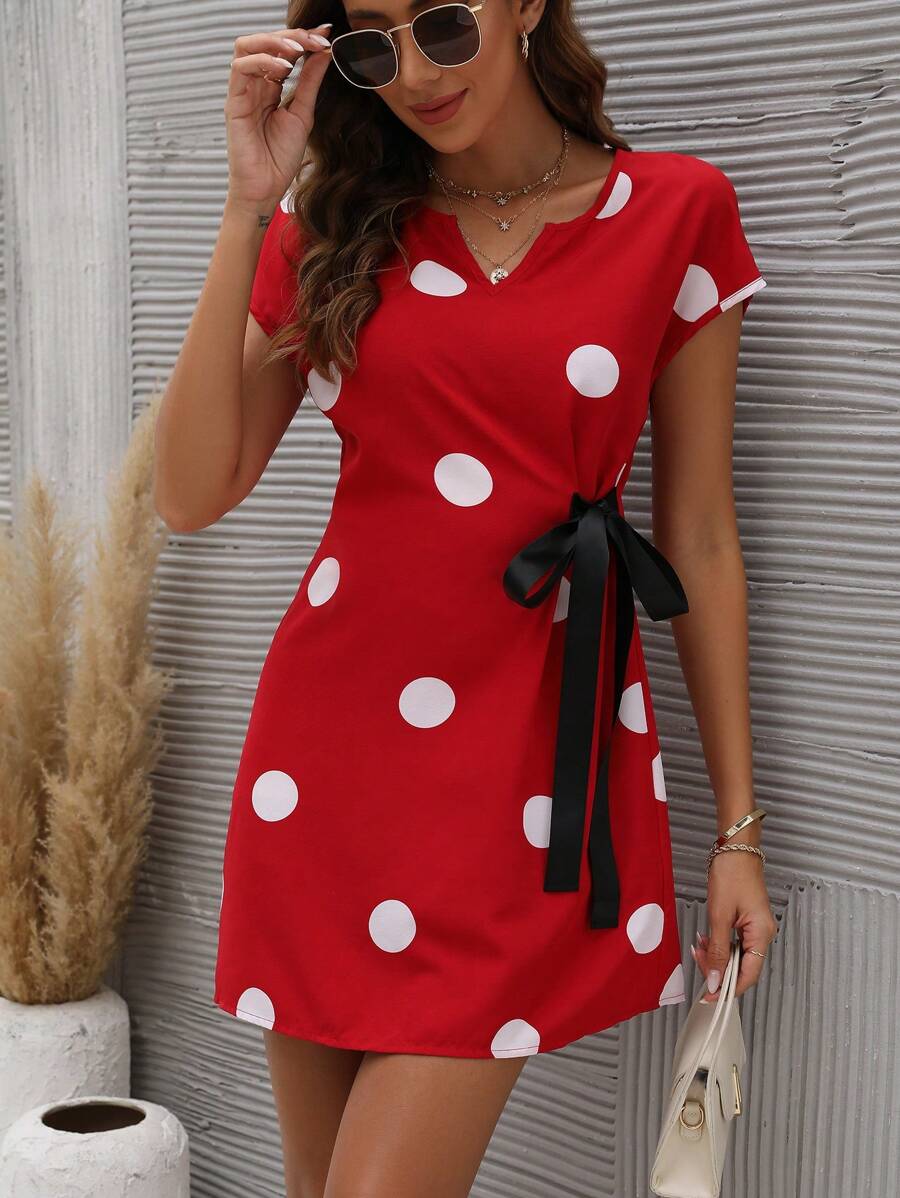 SHEIN LUNE Polka Dot Print Knot Side Notched Neckline Dress - Multicolor - View 1
