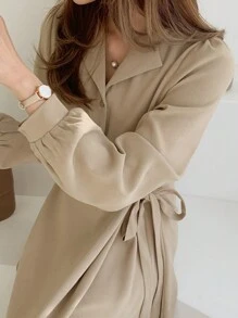 纯色结饰侧衬衫裙，秋装 - 卡其色 - 查看 8